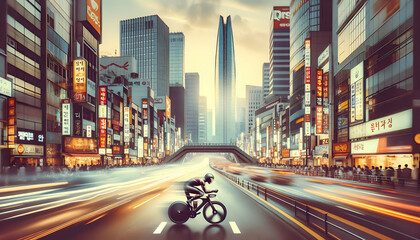 Seoul Speedy Streets: A Retro Image of a Bike Racing Through the Bustling Urban Culture of South Korea, Symbolizing the Country's Fast-Paced Life - obrazy, fototapety, plakaty