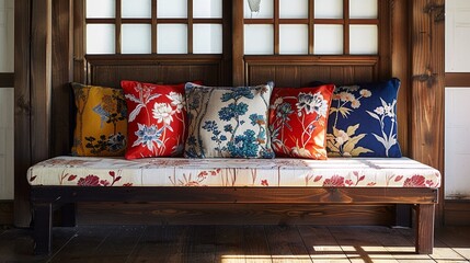 Korean Hanbok-inspired cushions arranged on a wooden bench, providing both comfort and elegance to the seating area.