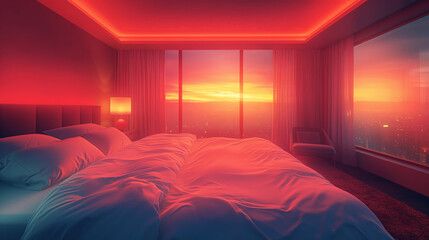 Neon-lit bedroom with city view at dusk. A modern room with glowing red ambiance overlooks an urban sunset