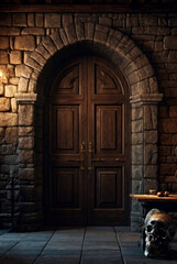 Fototapeta na wymiar Background of mystical dark interior of medieval room with large wooden door and skull on table against an ancient stone wall. Amazing backgrounds for Halloween holiday. Copy space, text place