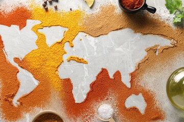 Continents of different spices and products on light grey marble table, flat lay