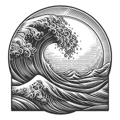 stylized ocean wave, capturing the dynamic and ornamental essence of sea power sketch engraving generative ai raster illustration. Scratch board imitation. Black and white image.