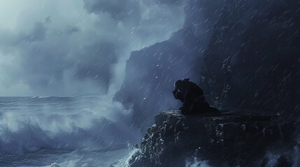 A person on a cliff's edge, hands covering face, watching a turbulent sea below.