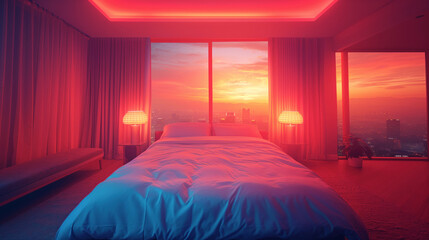 City sunset view from a neon-lit bedroom. The bedroom interior showcases a large bed with blue linens, ambient neon lighting, and panoramic windows offering a sunset cityscape
