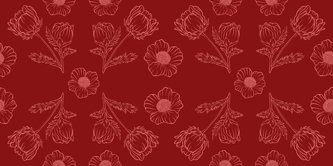 Seamless floral pattern adonis line graphic spring summer cute romantic contour - obrazy, fototapety, plakaty