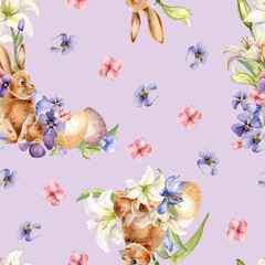 Easter rabbit, eggs and flowers seamless pattern isolated on neutral. Watercolor hare and blue, pink flowers hand drawn. Print of white lily hand painted. For design textile, package, wrapping paper