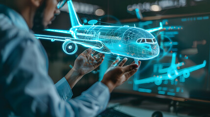 A Hologram of a airplane projected image with laser in front of a designer on a high technology laboratory room