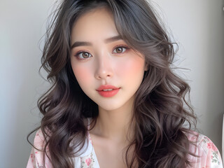 Fototapeta premium Graceful Side Swept Curls: Beauty in Motion, Elegant Young Woman with Side Swept Curls, Timeless Beauty: Side Swept Curls Hairstyle, Stunning Side Swept Curls: Effortless Elegance
