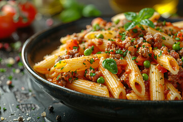 Penne Pasta in Tomato Sauce with Meat Tomatoes,
Bolognese penne pasta served on plate
