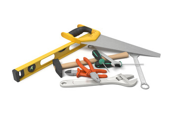 Tools lined up with saw in front