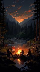 A group of friends camping in the mountains. They have set up a campfire and are sitting around it, talking and laughing. The sun is setting behind the mountains and the sky is turning into a deep ora - obrazy, fototapety, plakaty