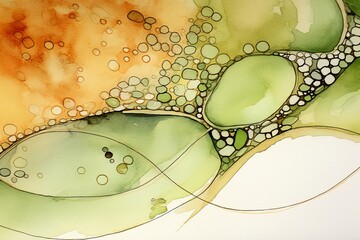 Watercolor and ink sketch of abstract organic shapes, with soft watercolored lines on textured paper, closeup macro view from a low angle copyspace blank 