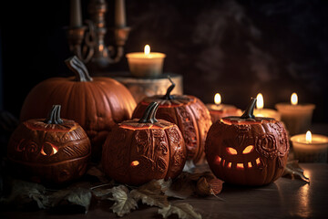 A dark, atmospheric Halloween scene with intricately carved glowing pumpkins, tall lit candles, and scattered dry leaves