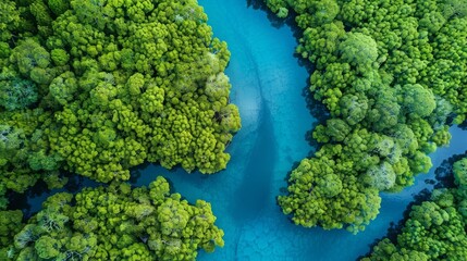 River flowing through dense green forest seen from above
