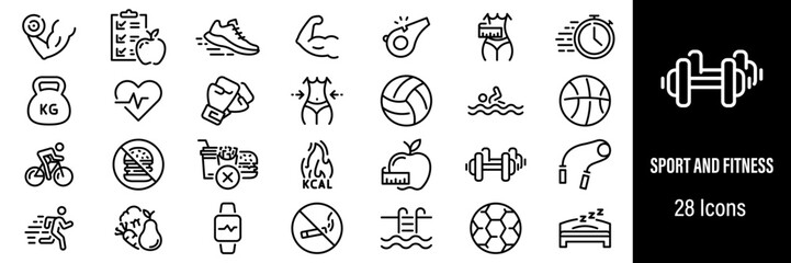 Sport and Fitness Web Icons. Gym, Fitness Exercise, Diet, Nutrition, Body Care. Vector in Line Style Icons