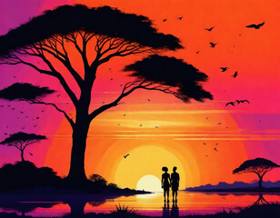 African couple , man and women ,holding hands, standing near majestic tree,  looking at the savanna -vivid sunset and with twilight silhouette & birds flying