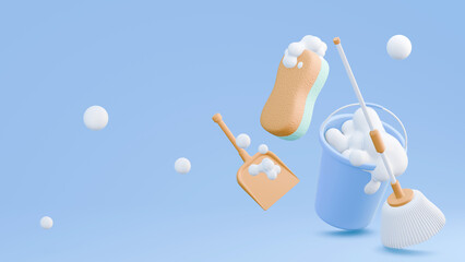 Concept cleaner. Cartoon mop, pail, sponge and dustpan in the blue background, 3d rendering - obrazy, fototapety, plakaty