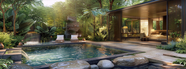 Tranquil Asian inspired garden with pool , house and lush vegetation rendered in 3D