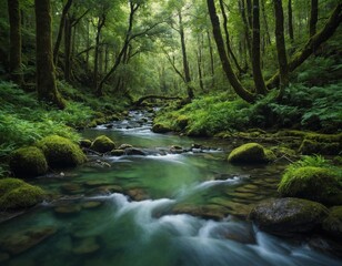 Showcase a crystal-clear stream winding through a lush green forest teeming with life.
