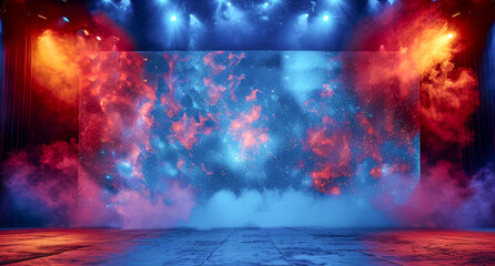 Large screen with blue and red background, focus lights, smoke, dreamy scene