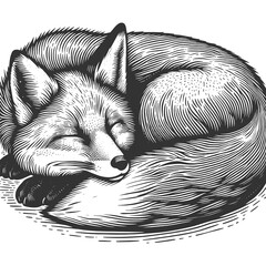 Fototapeta premium peaceful sleeping fox curled up in a lush forest setting with intricate foliage details sketch engraving generative ai raster illustration. Scratch board imitation. Black and white image.
