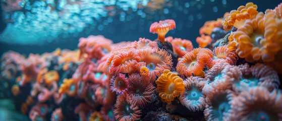 Colorful coral reef with orange and pink flowers, beauty and diversity of marine life