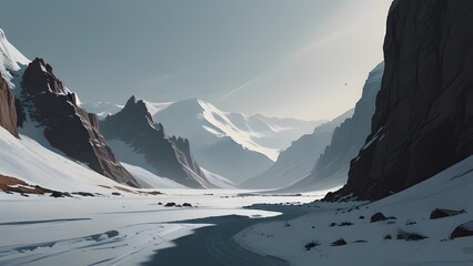A vast, icy landscape with the chilling wind whistling through the canyons, rendered in a minimalist sketch style - obrazy, fototapety, plakaty