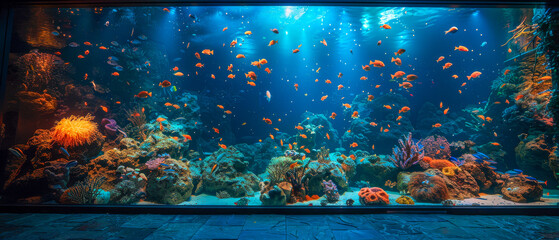Large aquarium with variety of fish and coral
