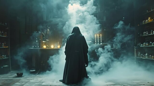 Enigmatic Alchemist in Enchanted Apothecary. Concept Fantasy Character Portrait, Magical Alchemy, Mystical Setting, Enchanted Lifestyle, Alchemist at Work