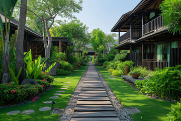 The created image combines the tranquility and architectural beauty of a traditional resort. Surrounded by lush nature. wood and stone structures Reflecting modern Asian feelings	
