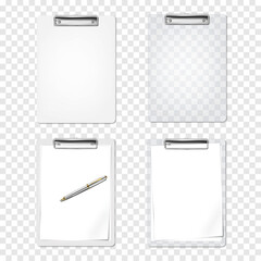 Clipboard mockup. Clear and opaque plastic. PVC clip board. Empty, with blank white paper sheets and ballpoint pen. Realistic vector mock-up set