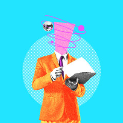 Dive into energetic world of business and imagination. Person in orange suit with doodles over head reading documents over disco ball. Contemporary art collage. Concept of surrealism, business