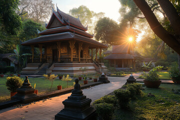 A serene and elegant scene with a blend of Thai architectural elements. traditional thai temple	