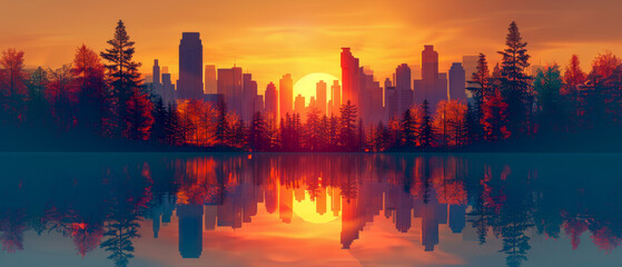 A city skyline is reflected in a body of water - obrazy, fototapety, plakaty