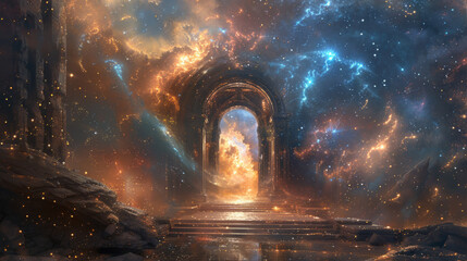 A mystical chamber holding the powerful Mirror of Infinite Worlds, surrounded by swirling stars and gateways leading to endless dimensions. - obrazy, fototapety, plakaty