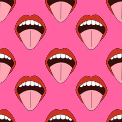 Seamless pattern opened mouth with tongue on a pink background. Pop style.