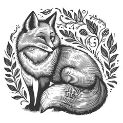 Naklejka premium serene fox encircled by intricate floral patterns sketch engraving generative ai raster illustration. Scratch board imitation. Black and white image.