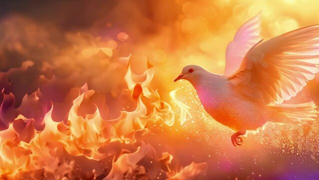 Dove in Fiery Glow: A Symbolic Shavuot & Pentecost Tribute. Concept Holiday Celebration, Symbolic Imagery, Spiritual Significance - Powered by Adobe