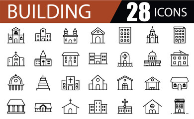 Building Line Editable Icons set. Line Vector illustration in modern thin line style of types of residential and public buildings condo, government, school, church.