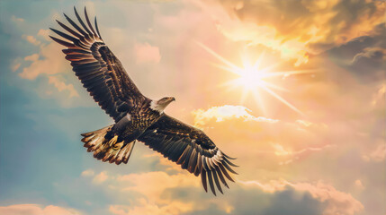 Soaring?? high above the clouds, an eagle rides the thermals?? in the bright?? blue sky, its powerful wings outspread in majestic flight.