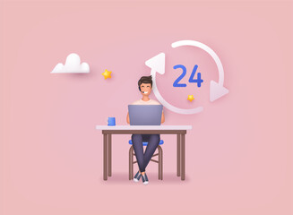 Call center, online customer support. Contact Us Customer Service For Personal Assistant Service, Person Advisor and Social Media Network. 3D Web Vector Illustrations. - obrazy, fototapety, plakaty