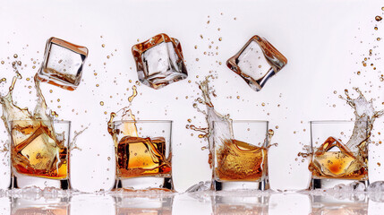 **Ice cubes** _flying_ **above** _glasses_ **of** _amber_ **whiskey** _on_ **a** _white_ **background** _(**Still life**)_