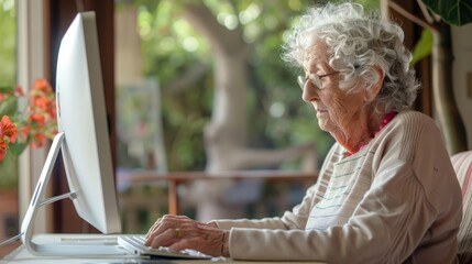 Obraz premium Elderly woman using computer at home, perfect for themes of aging and technology.