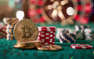 Obraz na płótnie Canvas Golden and red casino chips and a golden Bitcoin on a green table with blurred background of a roulette wheel in a casino