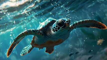AI illustration of a large turtle peeking out of water attentively - obrazy, fototapety, plakaty