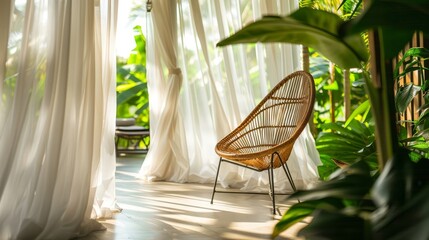 Bright sunroom with wicker chair and lush greenery, perfect for relaxation spots.