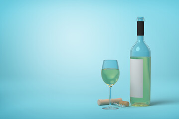 White wine bottle and glass on blue background
