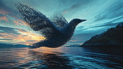 Murmuration of Starlings Dancing in the Twilight Sky, Forming Fluid Shapes as They Glide in Unison Above the Landscape.



 - obrazy, fototapety, plakaty