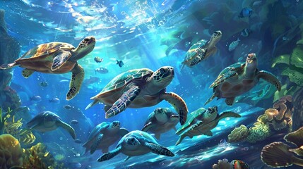 AI illustration of turtles swimming in aquarium with coral reefs and algae background