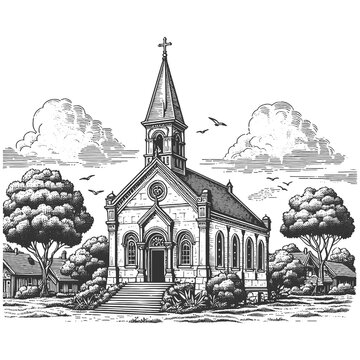 black and white church building landscape clip art preview